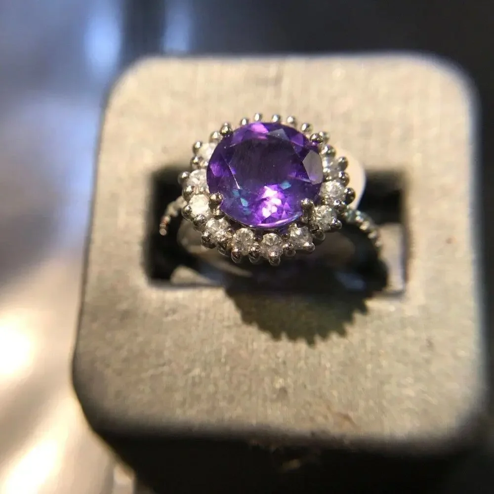 Cocktail Ring 925 Sz8 Round Amethyst Circle Diamonds (All Stones Simulated)